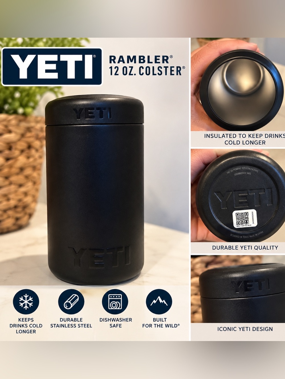 YETI Rambler 12 oz Colster Can Cooler Black Insulated Koozie